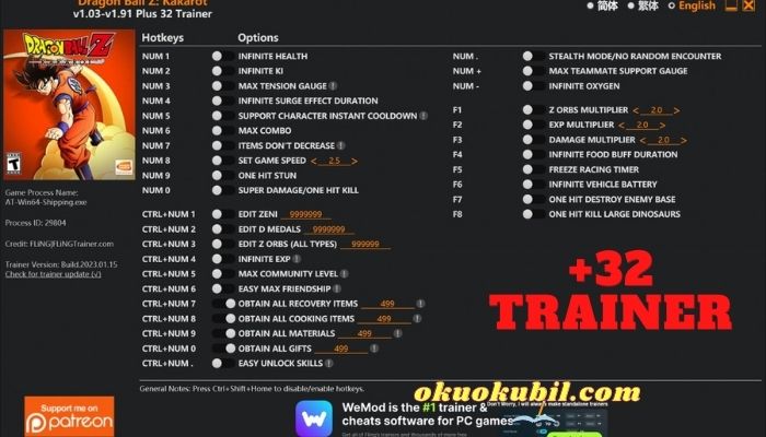 Dragon Ball Z: Kakarot v1.91 Can +32 Hileli Trainer